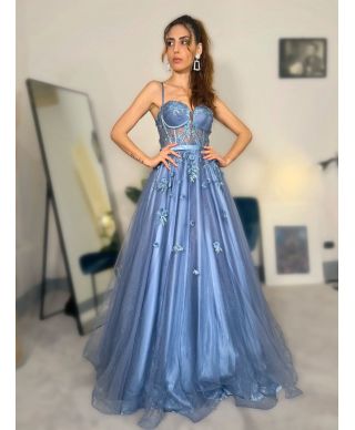 Vestito da cerimonia azzurro - Scollatura a cuore